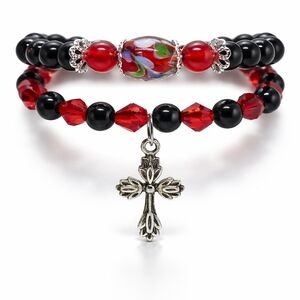 Chic Beaded Stack Bracelet Set With Silver Cross
